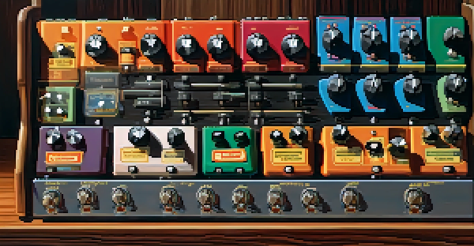 A close-up view of an organized effects pedal setup with colorful pedals on a wooden stage, illuminated by warm lighting.