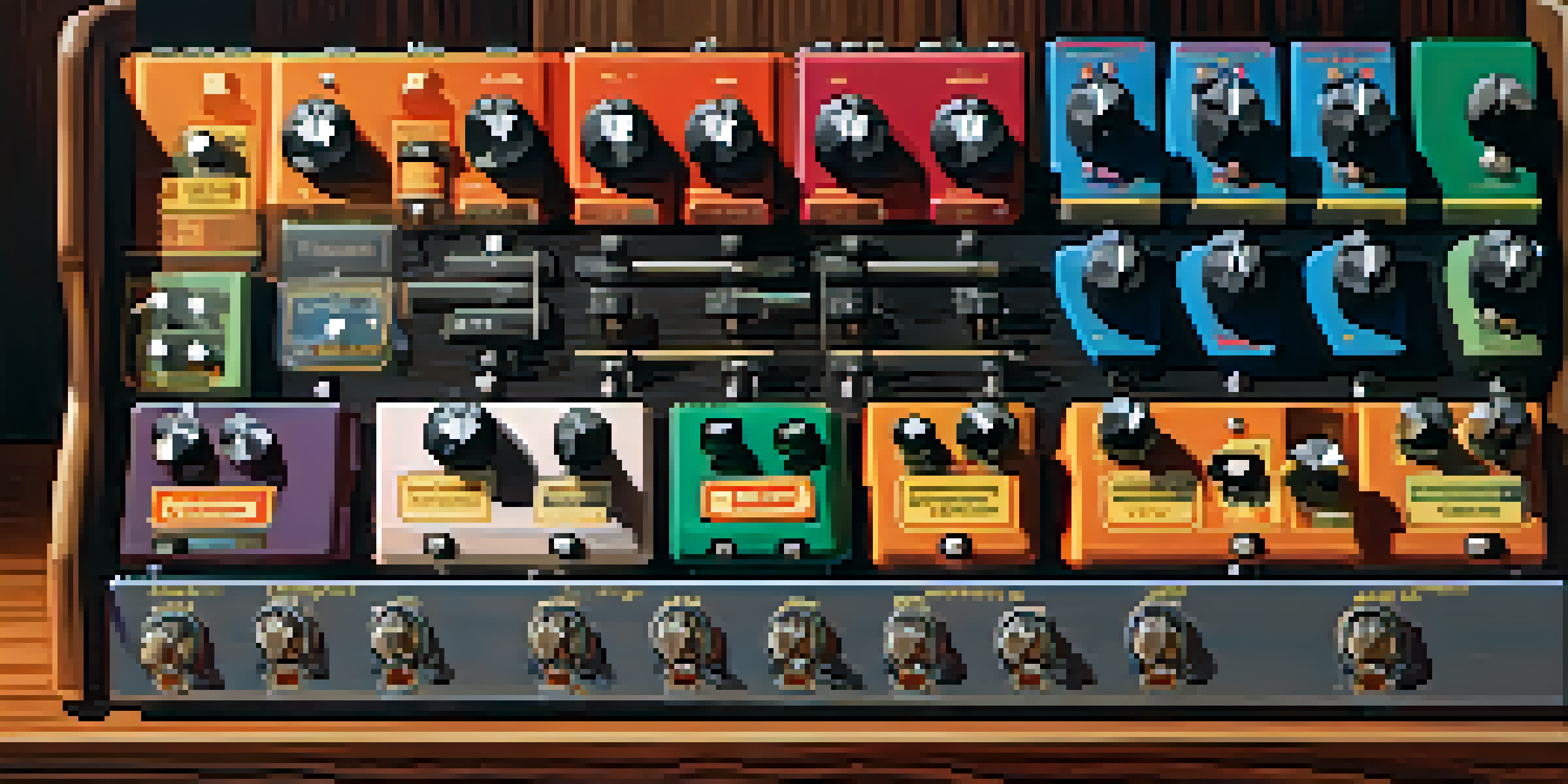 A close-up view of an organized effects pedal setup with colorful pedals on a wooden stage, illuminated by warm lighting.