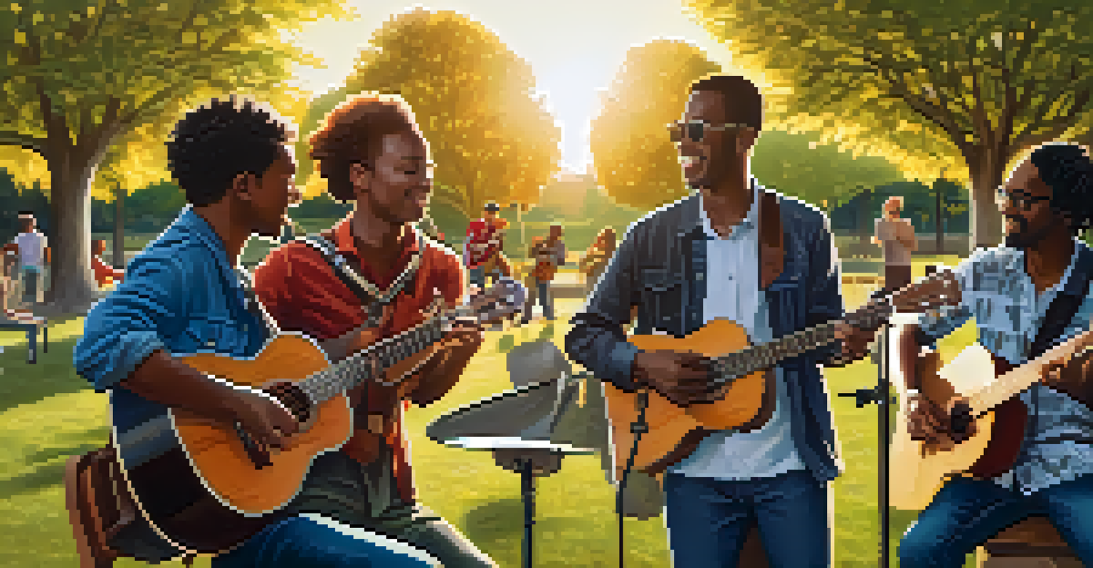 A diverse group of musicians playing together in a park at sunset.