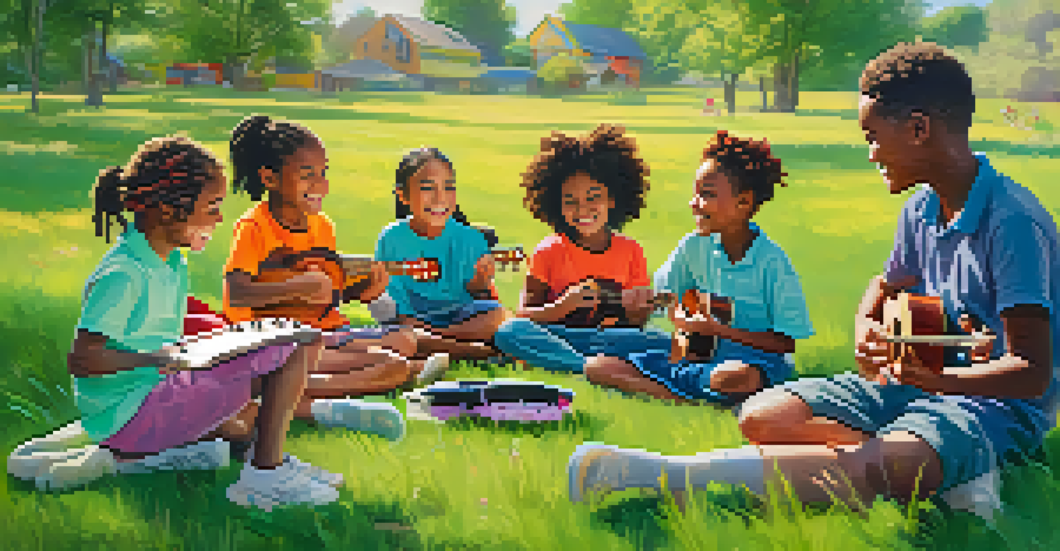 Children in a circle on a grassy field, each holding a ukulele, participating in a fun music activity led by a teacher.