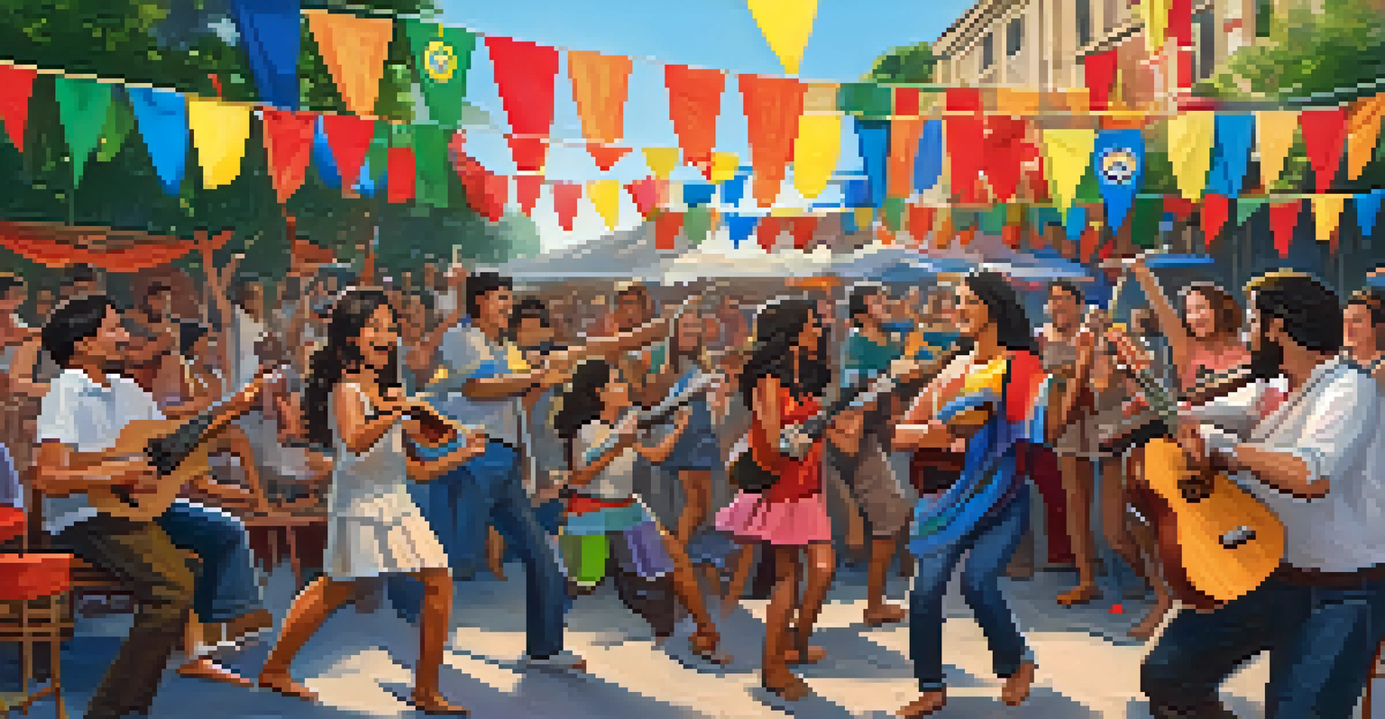 A vibrant festival scene celebrating 'World Ukulele Day' with musicians and a diverse crowd enjoying the event.