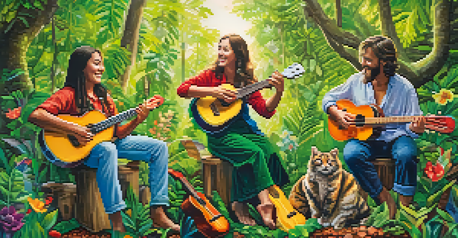 Musicians playing colorful ukuleles made from recycled materials in a lush outdoor setting, enjoying a lively performance.