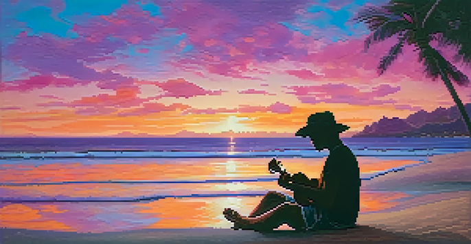 A person sitting on the beach at sunset, playing a ukulele, with colorful skies and gentle waves.