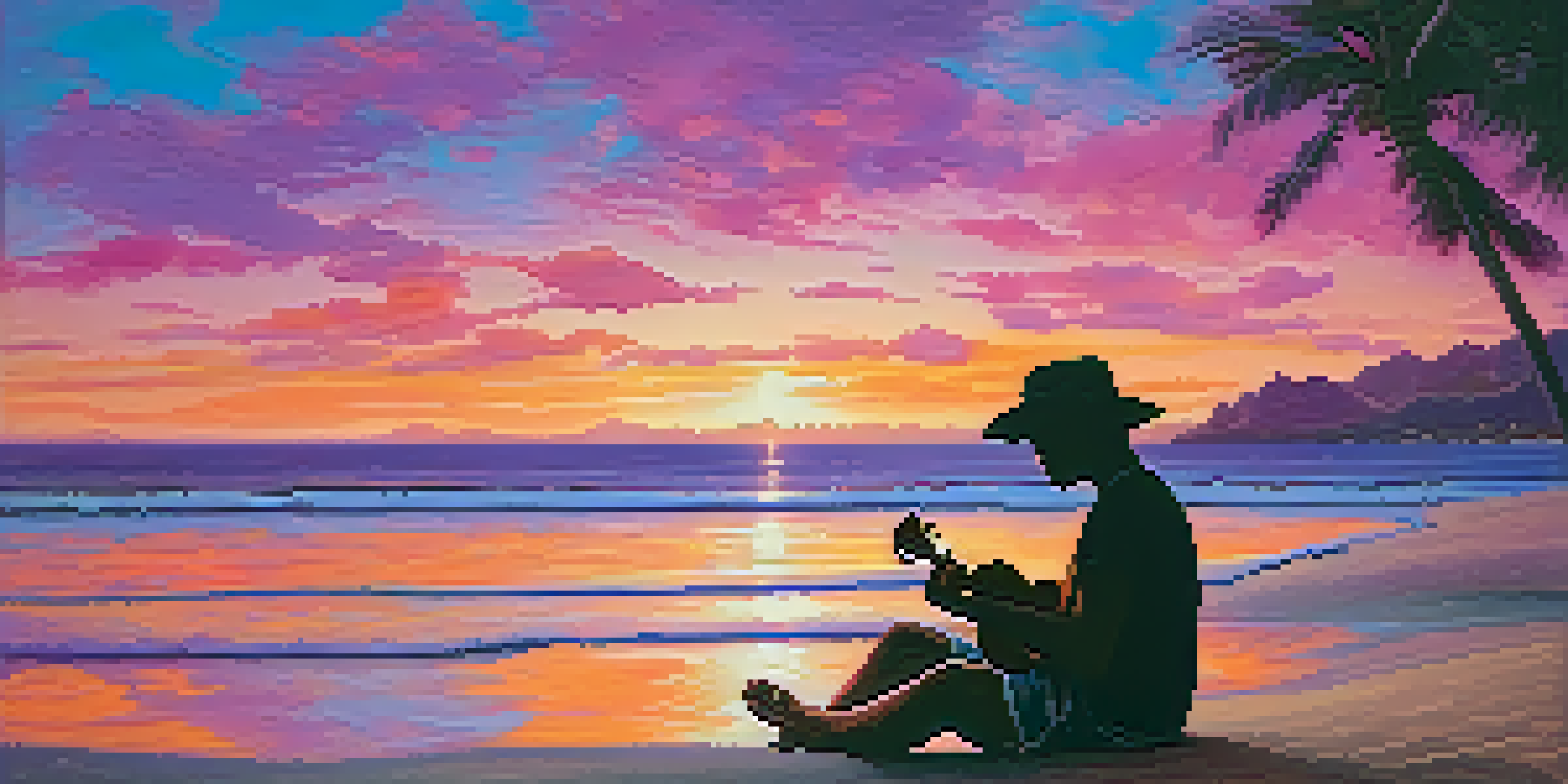 A person sitting on the beach at sunset, playing a ukulele, with colorful skies and gentle waves.