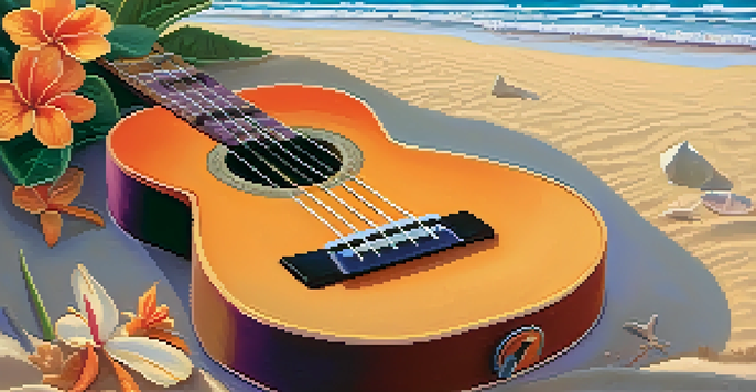 A ukulele on a sandy beach with tropical flowers, against a vibrant sunset sky.