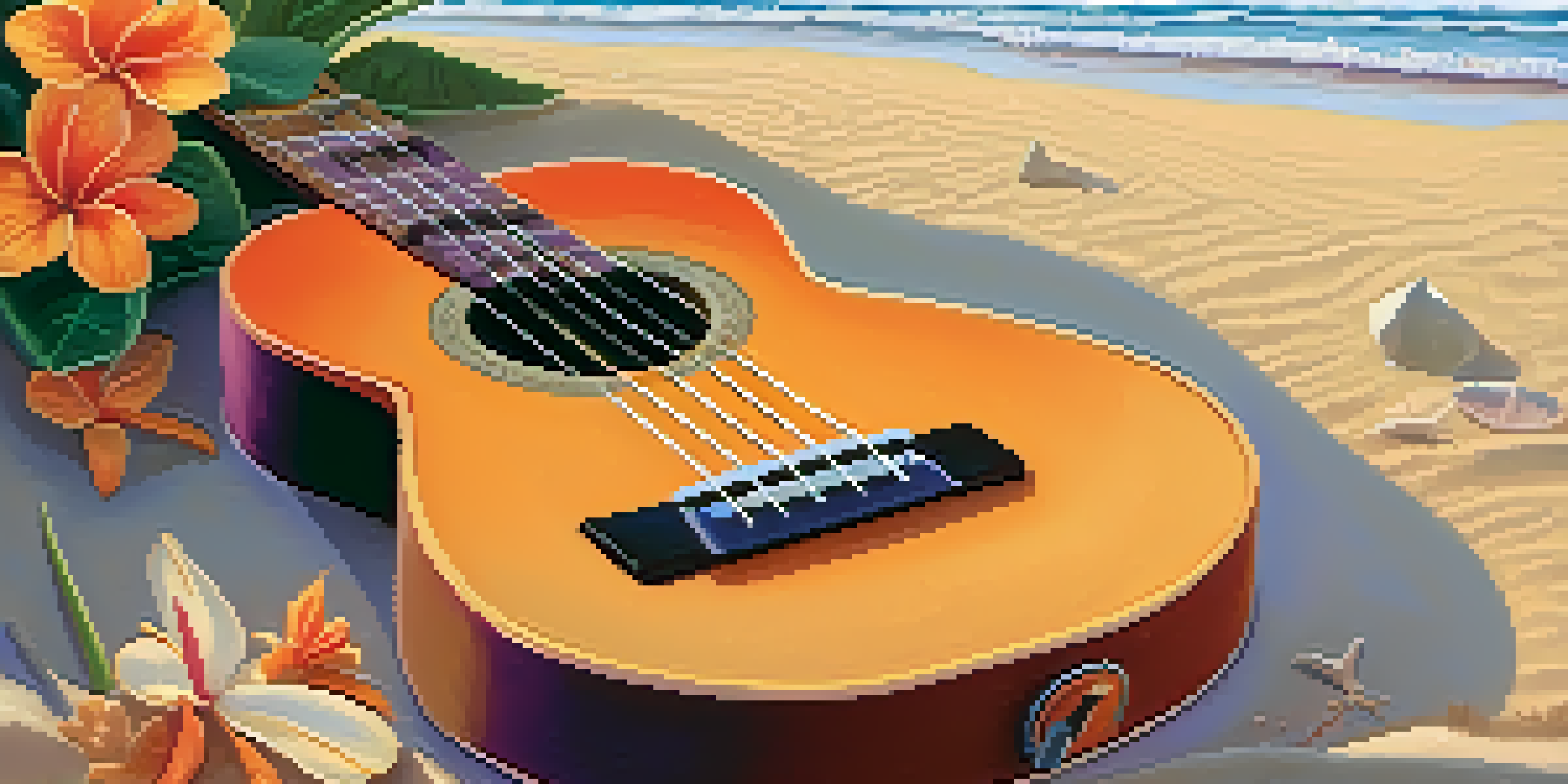 A ukulele on a sandy beach with tropical flowers, against a vibrant sunset sky.