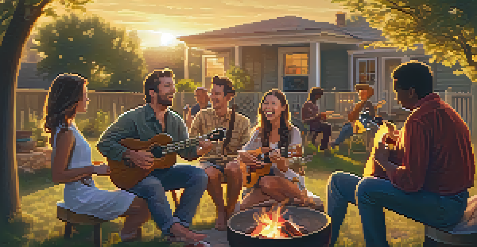 Friends gathered around a fire pit playing the ukulele during sunset, creating a warm and joyful atmosphere.