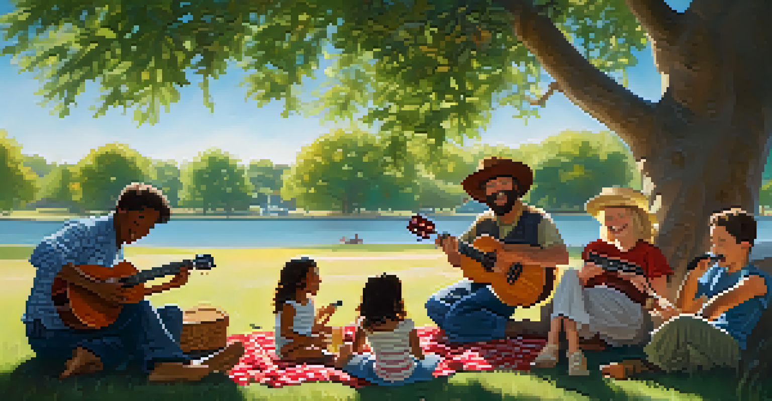 A group of friends enjoying an outdoor jam session with ukuleles under a tree, surrounded by laughter and a picnic setup.
