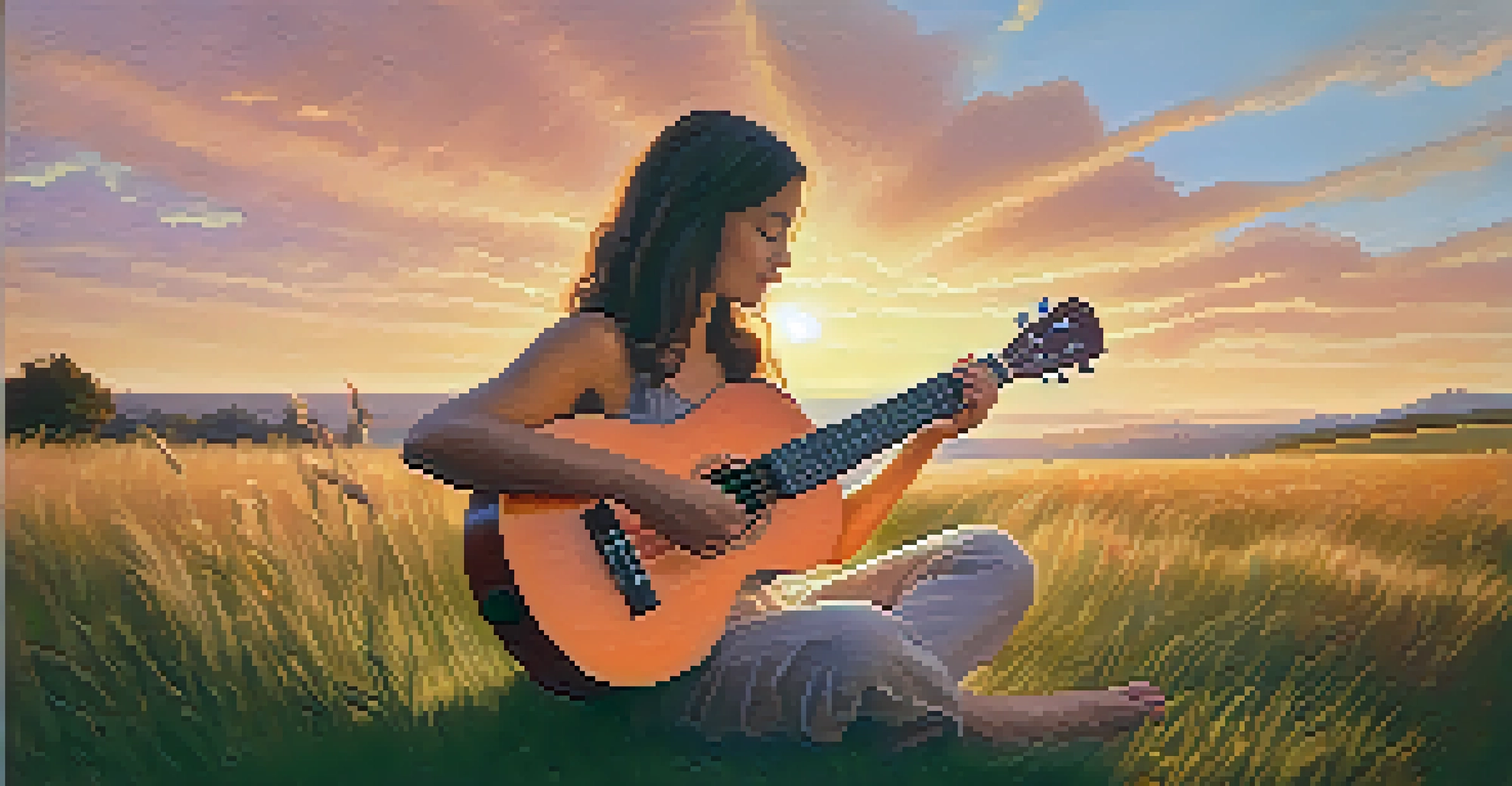 A musician sitting on a grassy hill tuning their ukulele with a sunset in the background, surrounded by warm colors of the sky.