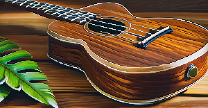 A handcrafted koa wood ukulele on a wooden table with tropical plants in the background.