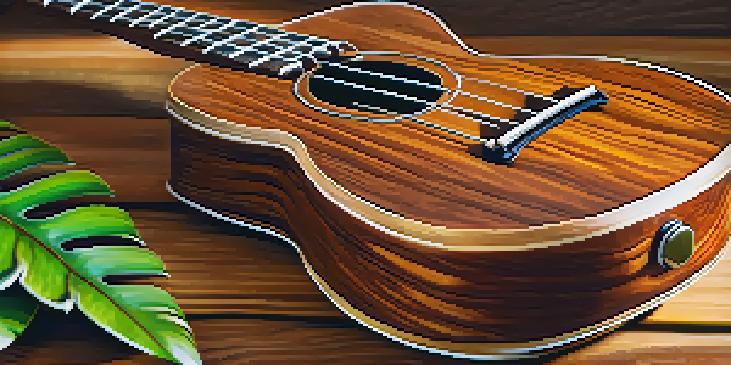A handcrafted koa wood ukulele on a wooden table with tropical plants in the background.