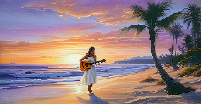 A young woman playing a ukulele on the beach during sunset, with colorful skies and gentle waves.