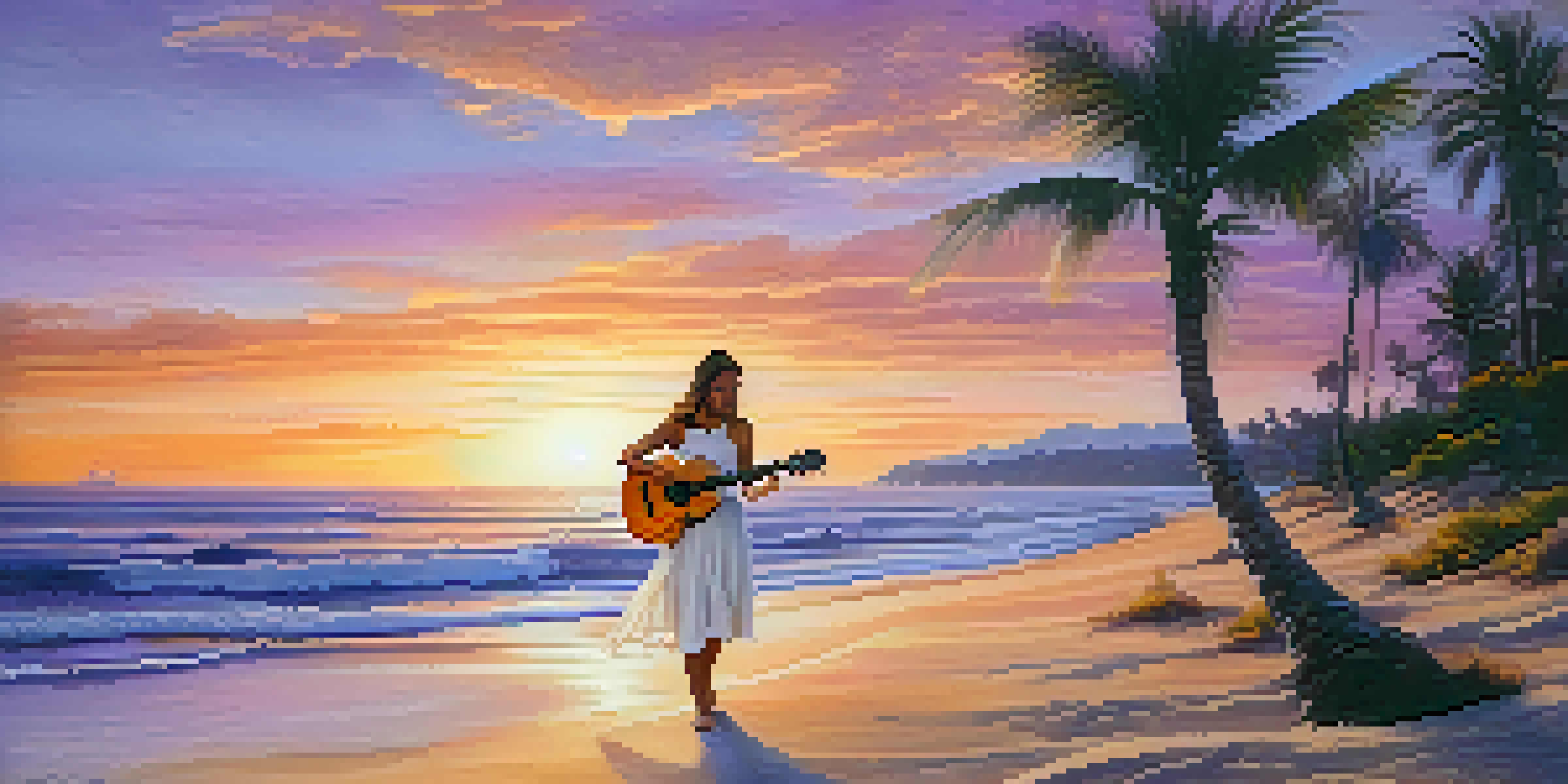 A young woman playing a ukulele on the beach during sunset, with colorful skies and gentle waves.