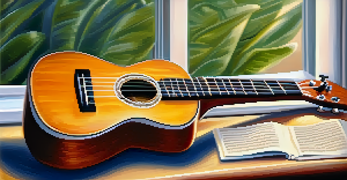 A ukulele on a wooden table with soft light, showcasing its details and a blurred sheet of music in the background.