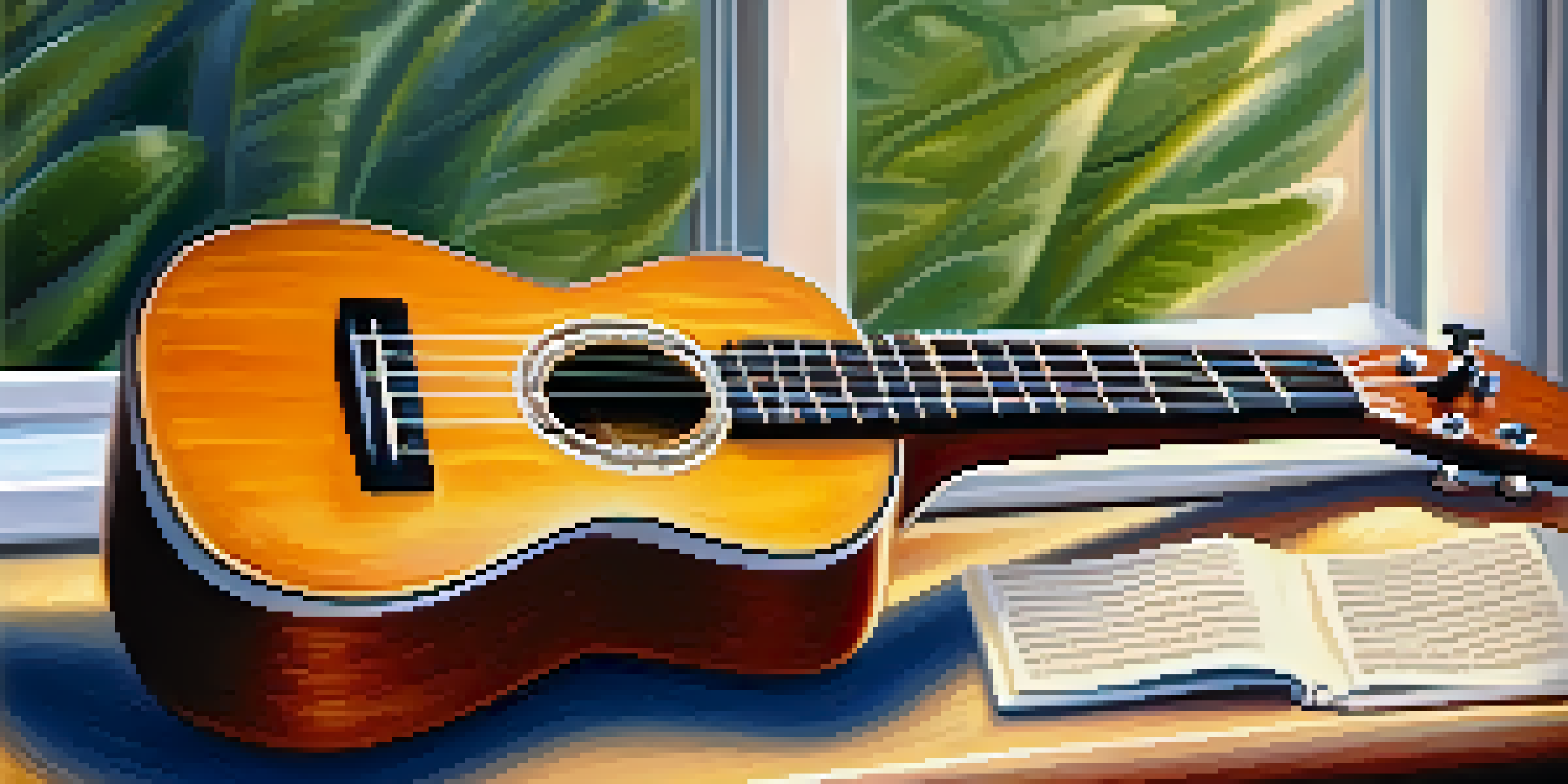 A ukulele on a wooden table with soft light, showcasing its details and a blurred sheet of music in the background.