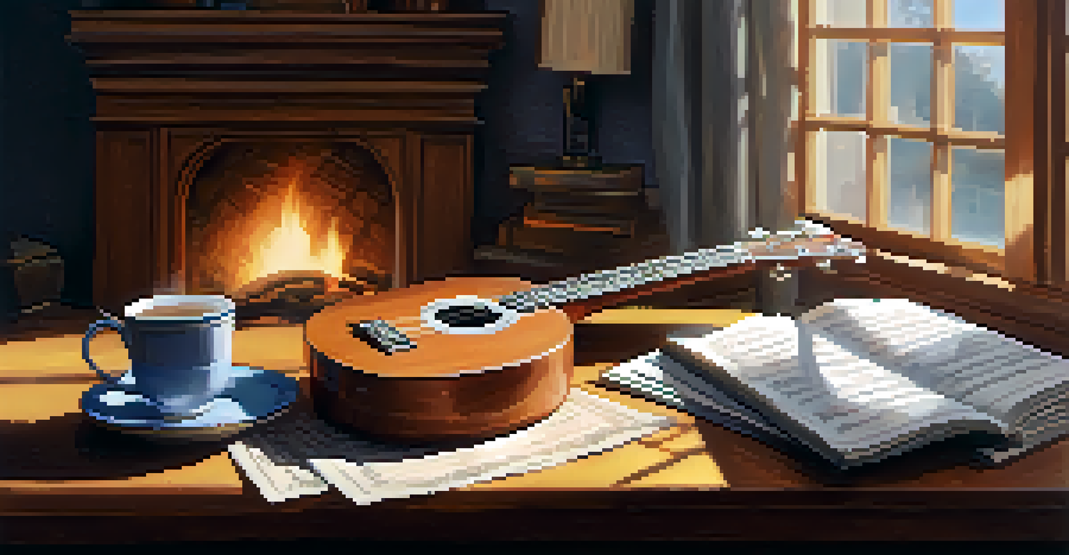 A ukulele on a table next to a cup of tea and music sheets in a cozy room.