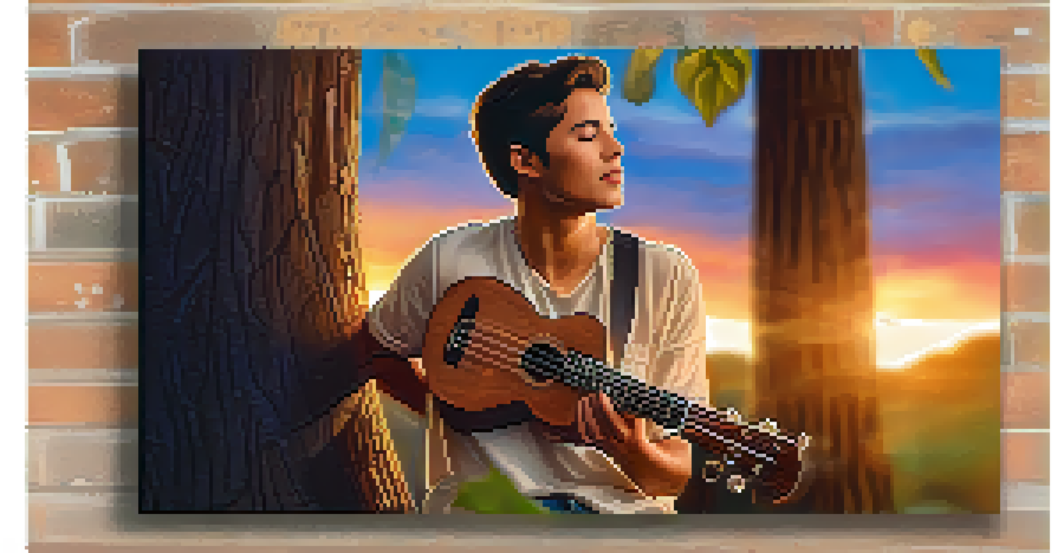 A musician playing a ukulele outdoors at sunset, with warm golden light creating a serene atmosphere.