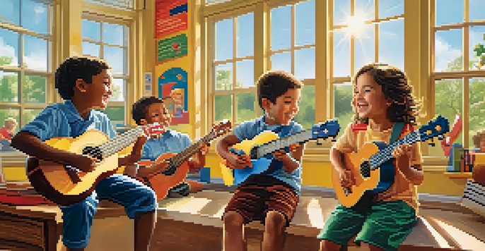 A cheerful classroom with children playing ukuleles, sunlight streaming through windows, and colorful posters on the walls.