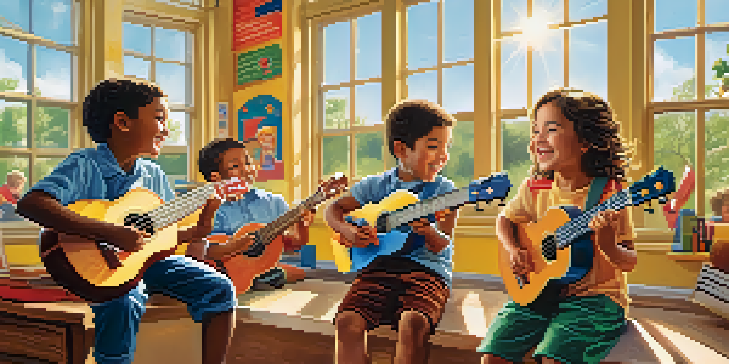 A cheerful classroom with children playing ukuleles, sunlight streaming through windows, and colorful posters on the walls.
