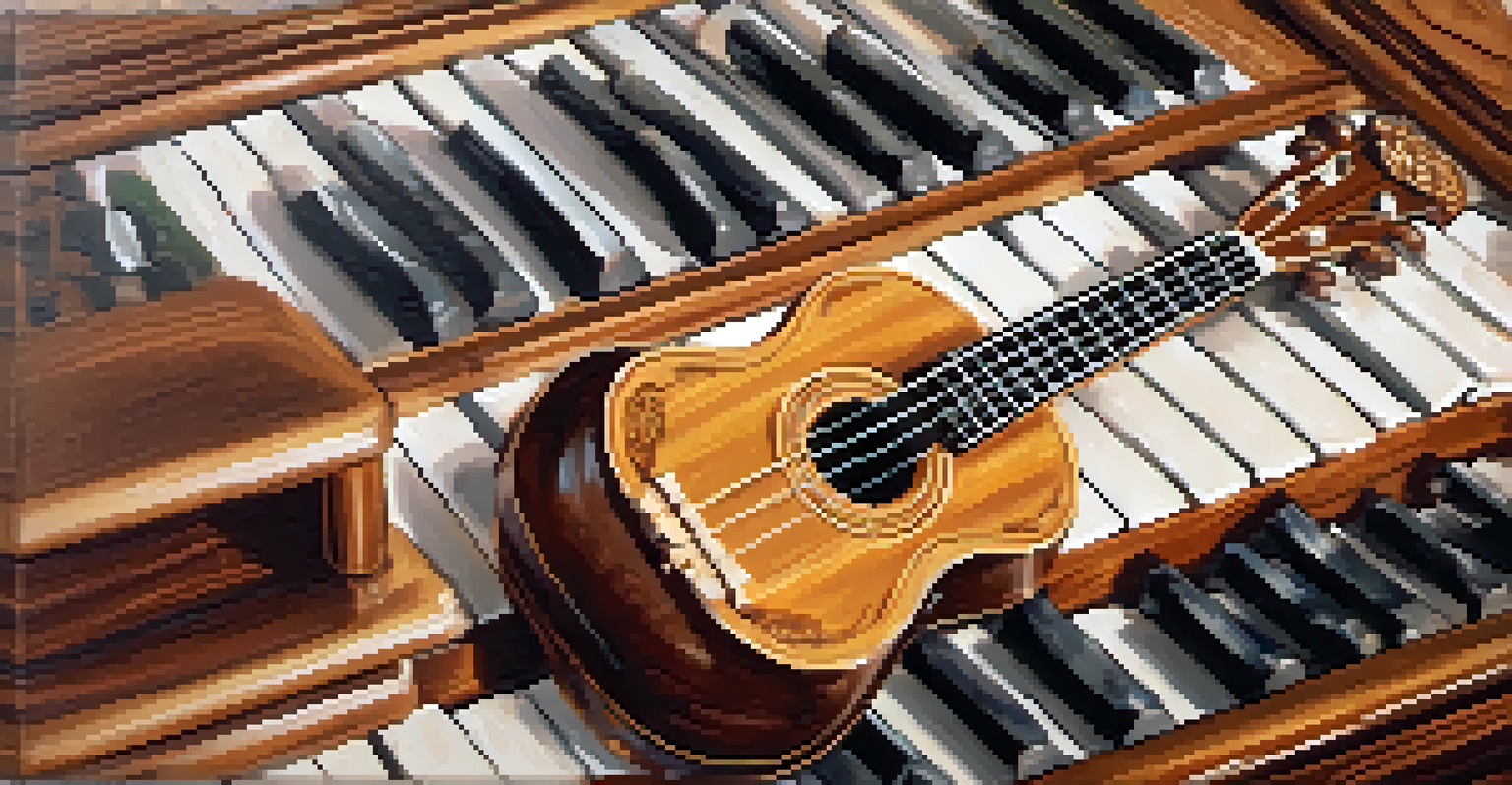 A close-up view of hands playing a ukulele and piano, highlighting the craftsmanship of both instruments.