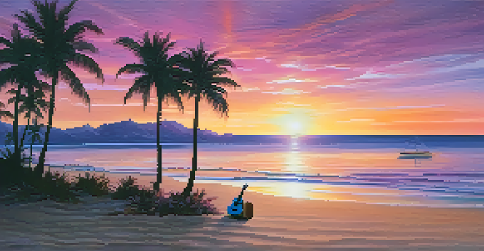 A peaceful beach scene at sunset with a ukulele on the sand and palm trees.