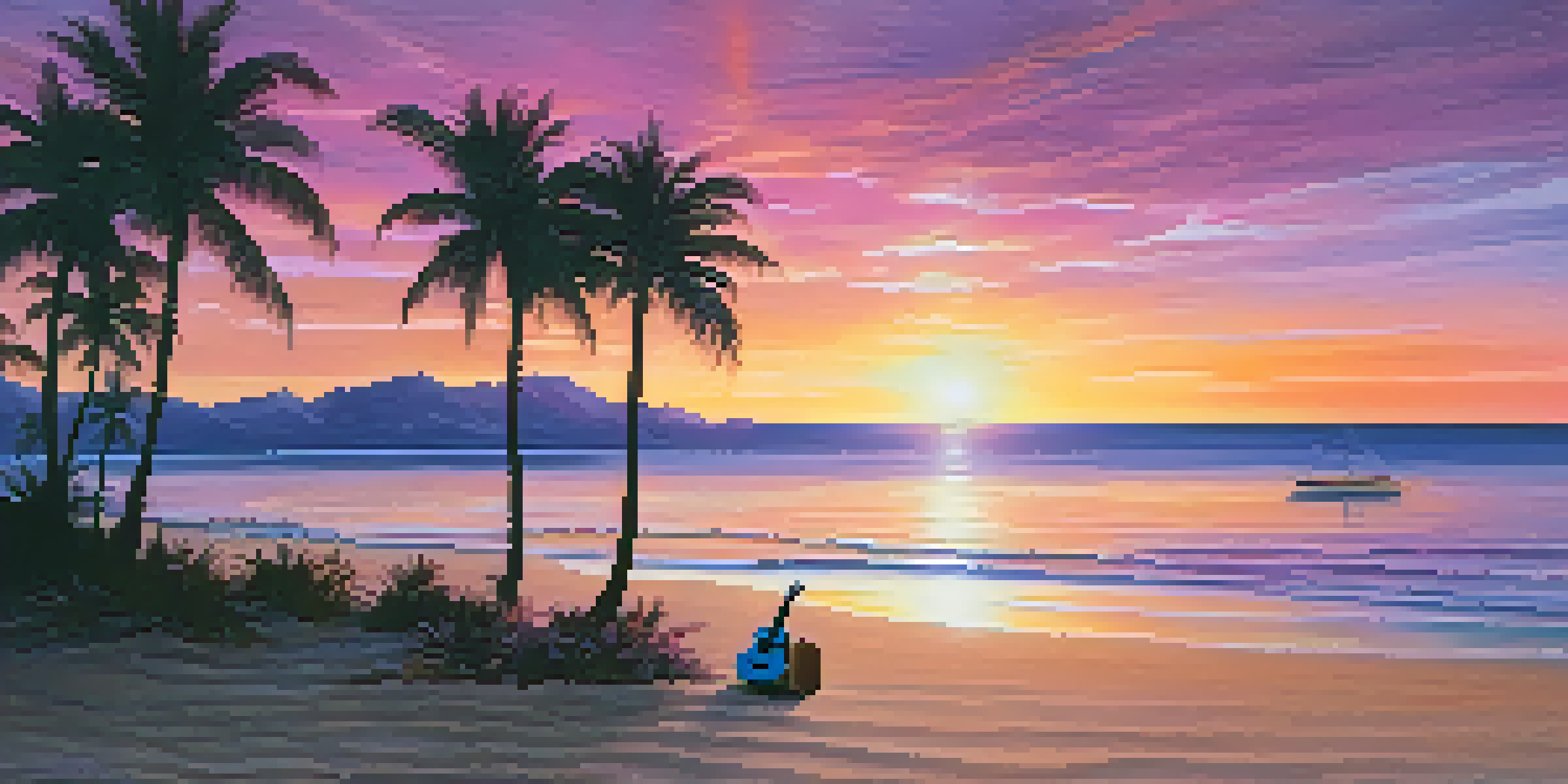 A peaceful beach scene at sunset with a ukulele on the sand and palm trees.