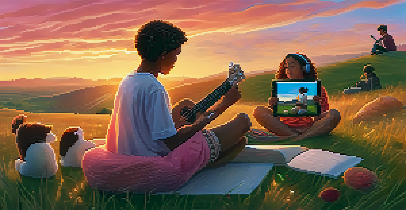 A person playing a ukulele on a grassy hill at sunset with friends around, looking at a tablet for lessons.
