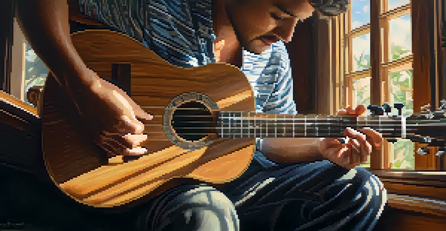 Close-up of a person playing the ukulele with detailed fingerpicking technique.