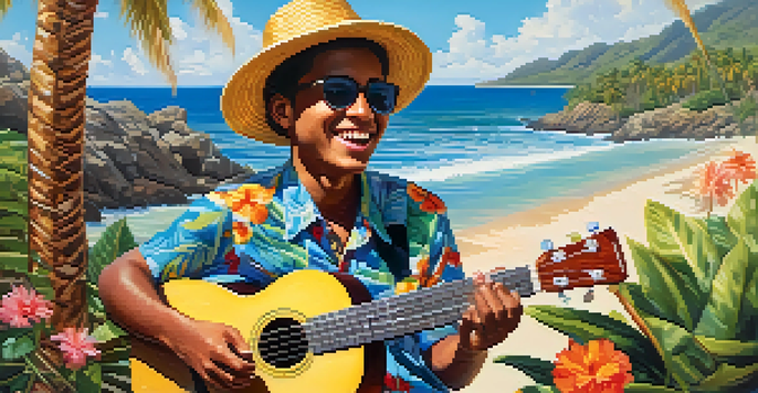 A young musician playing a ukulele on a sunny beach with palm trees and colorful flowers, embodying joy and creativity.