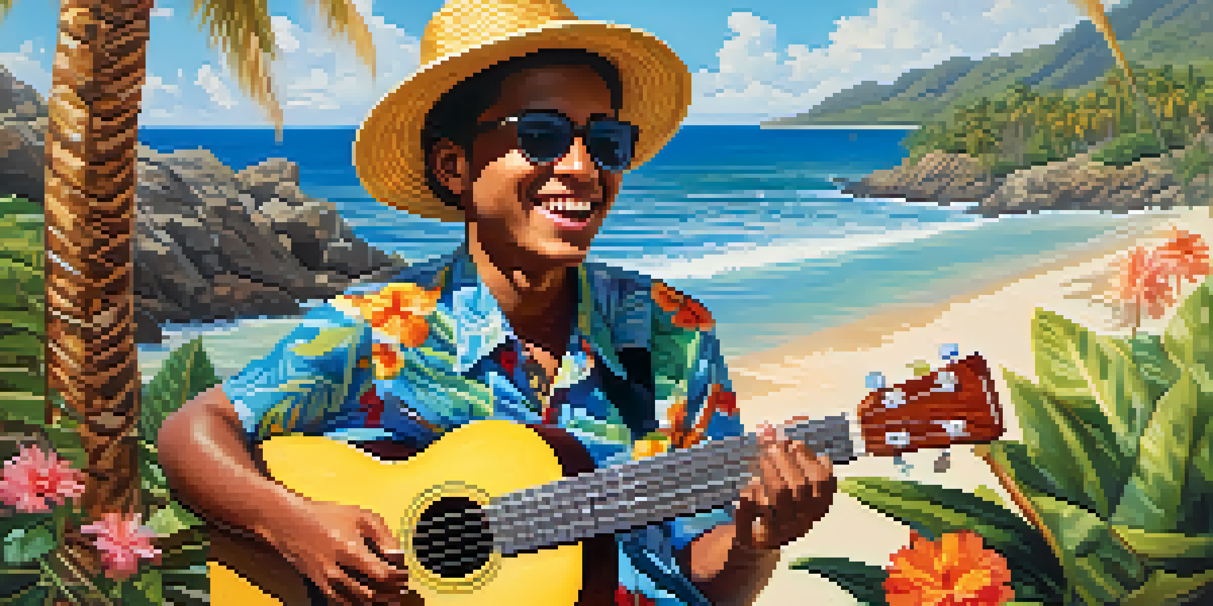 A young musician playing a ukulele on a sunny beach with palm trees and colorful flowers, embodying joy and creativity.