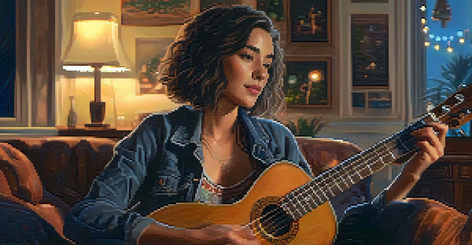 A character sitting on a vintage couch, strumming a ukulele in a warmly lit indie film set, conveying emotion.