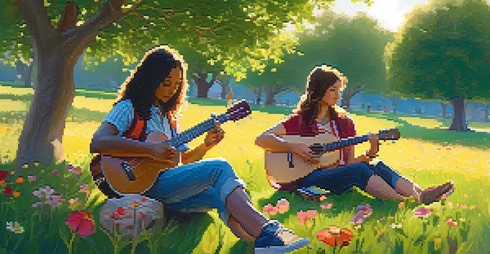 A vibrant park scene with diverse musicians playing ukuleles on a sunny day, surrounded by flowers and greenery.