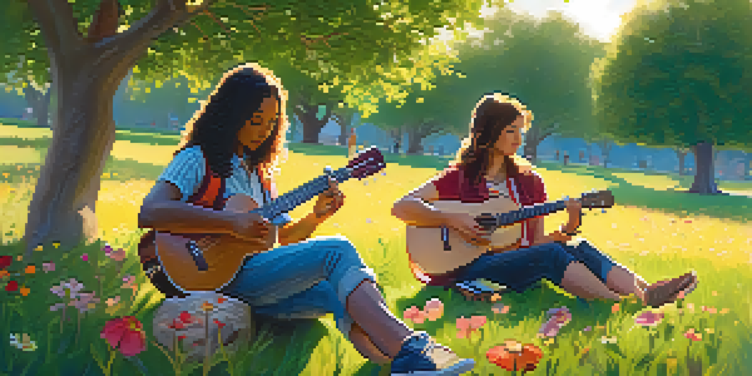 A vibrant park scene with diverse musicians playing ukuleles on a sunny day, surrounded by flowers and greenery.