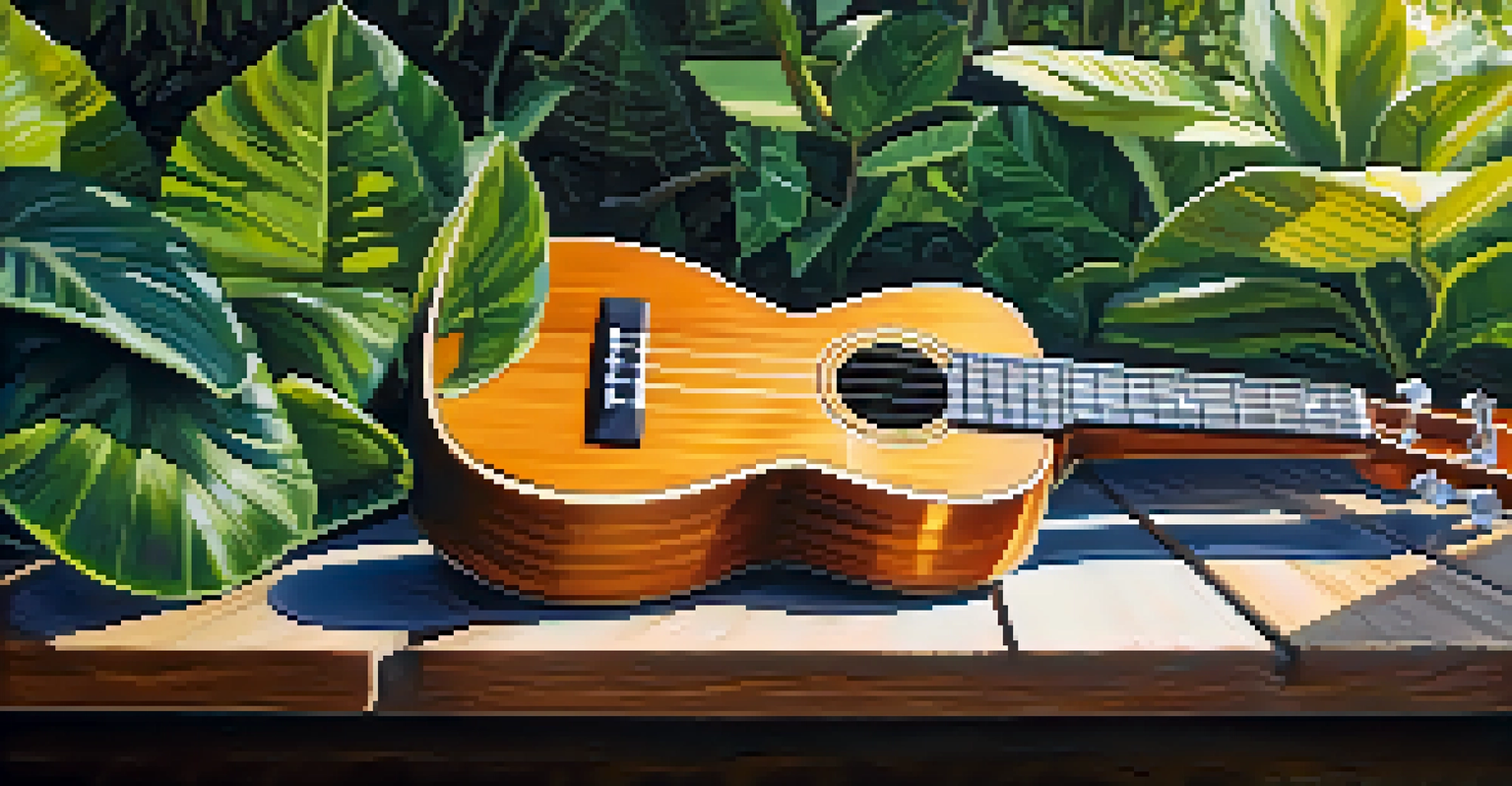 A close-up of a ukulele on a picnic table, surrounded by tropical flowers and sunlight filtering through leaves.