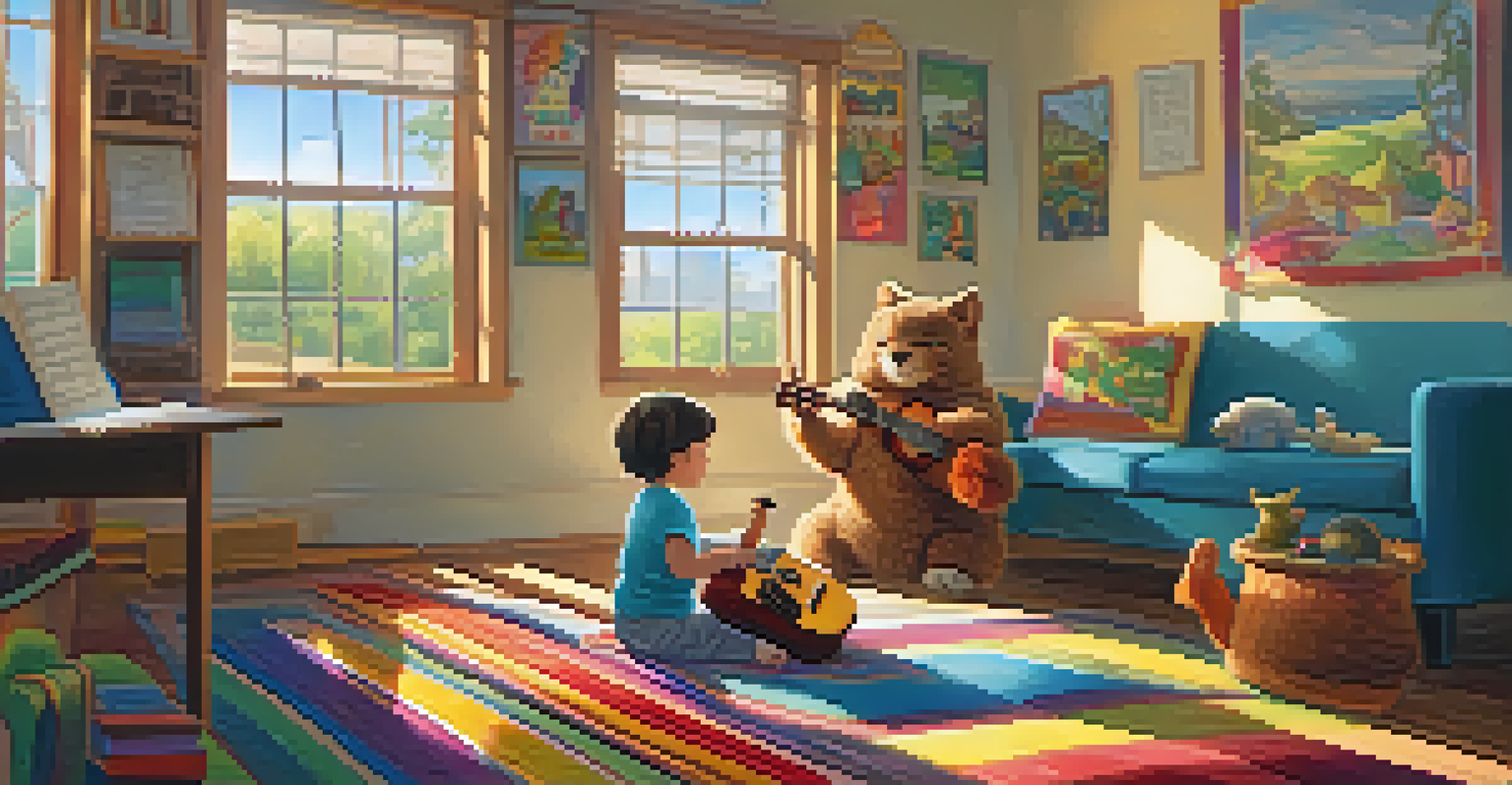 A child learning to play the ukulele in a cozy indoor setting, surrounded by musical notes and sunlight.