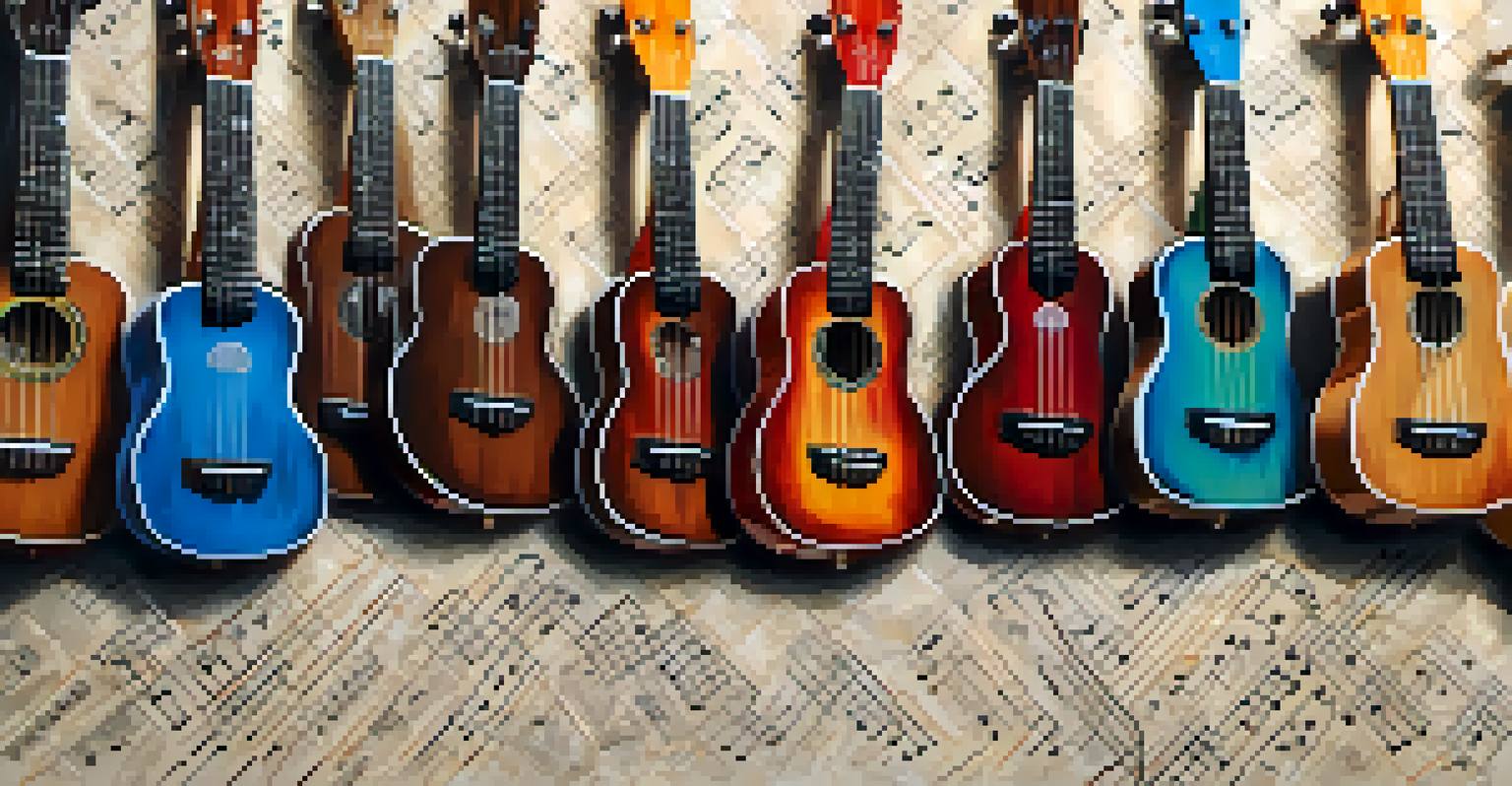 A flat lay of different types of ukulele capos on textured fabric, along with musical notes and ukulele picks.