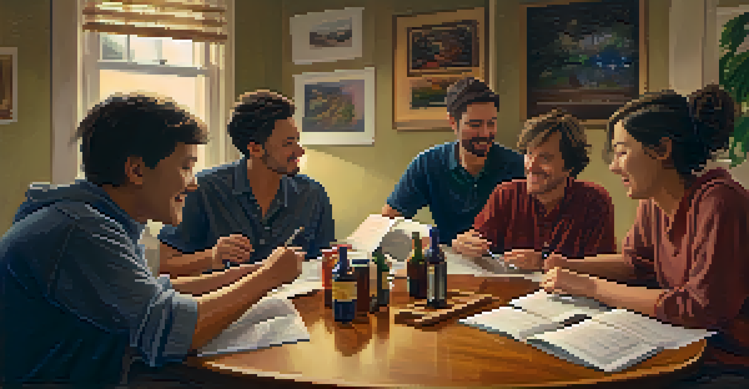 A cozy indoor ukulele club meeting with members gathered around a table, sharing music sheets and snacks.