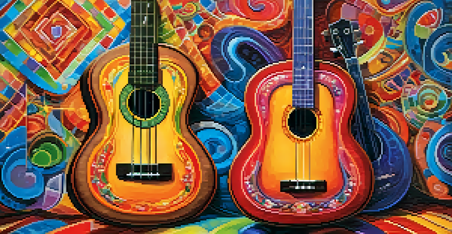 A ukulele and flamenco guitar displayed together with a colorful backdrop of musical notes, symbolizing the fusion of musical styles.