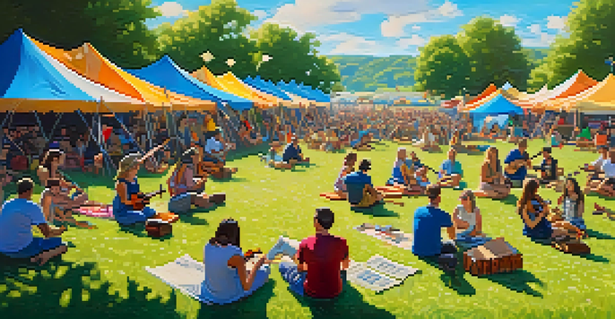 A lively ukulele festival in a sunny field with people playing ukuleles and enjoying the music.
