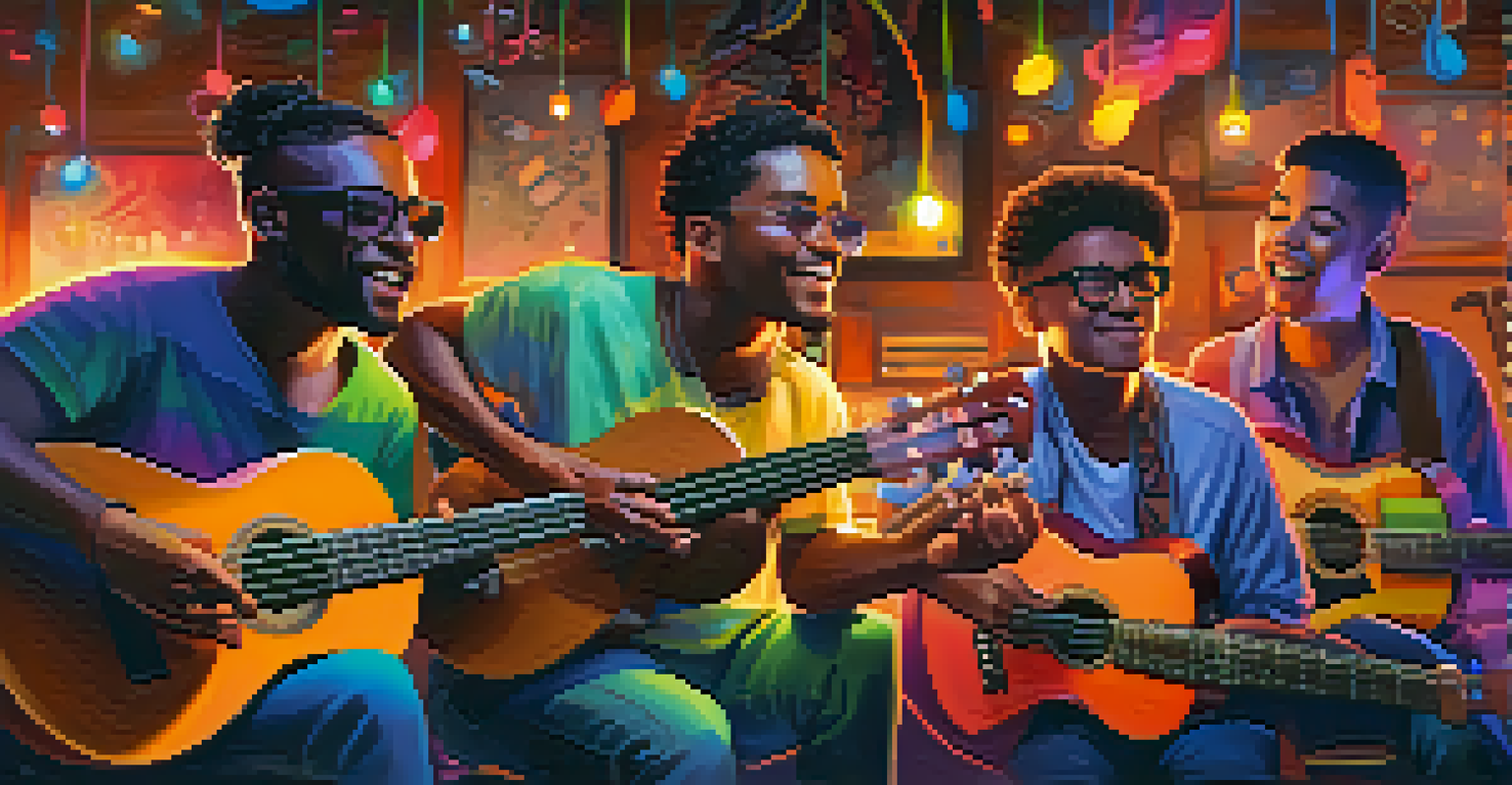 A group of musicians in a virtual jam session, each holding a ukulele with colorful musical notes around them.