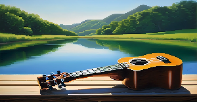 A ukulele on a wooden picnic table surrounded by a green landscape and blue sky, illuminated by soft morning light.