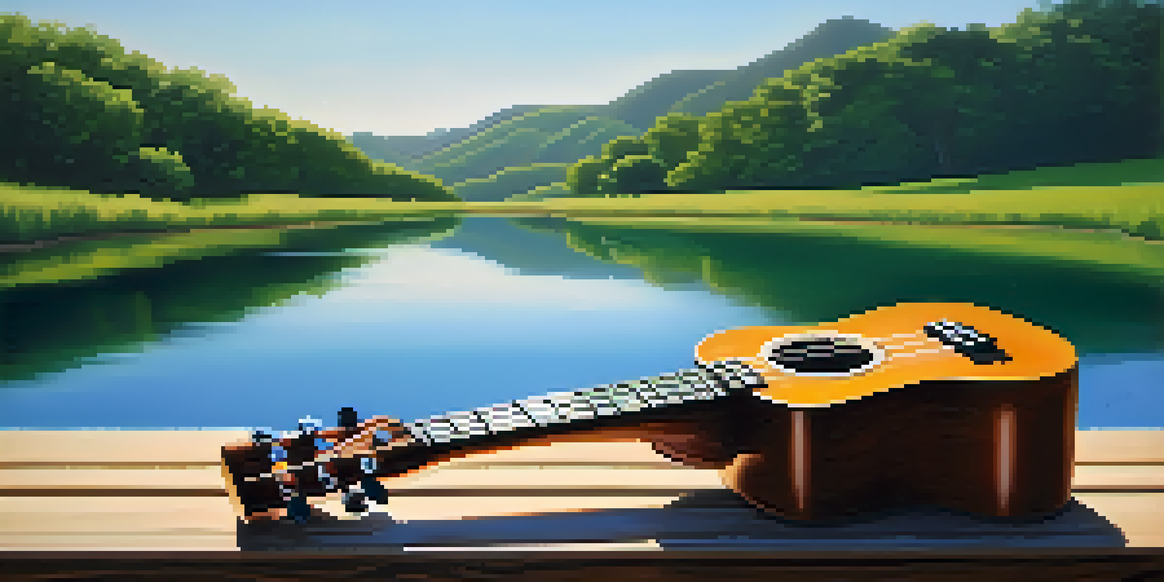 A ukulele on a wooden picnic table surrounded by a green landscape and blue sky, illuminated by soft morning light.