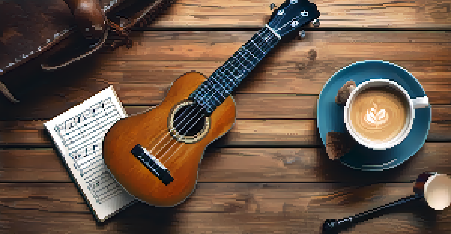 A flat lay of a ukulele, a notebook with song lyrics, and a cup of coffee on a wooden surface.