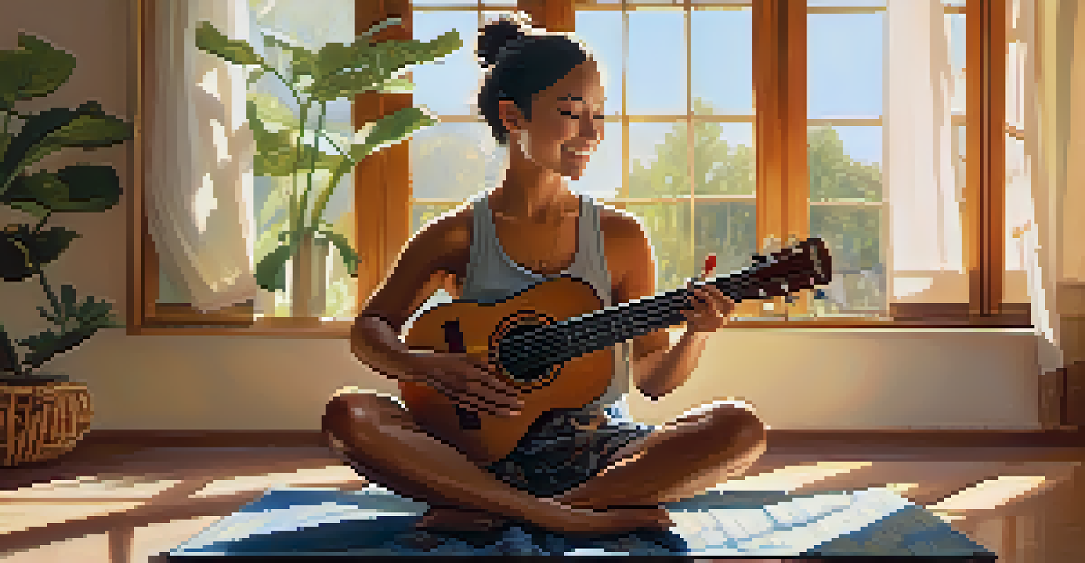 A person meditating with a ukulele in their lap, smiling softly, surrounded by warm sunlight, conveying a sense of peace and mindfulness.
