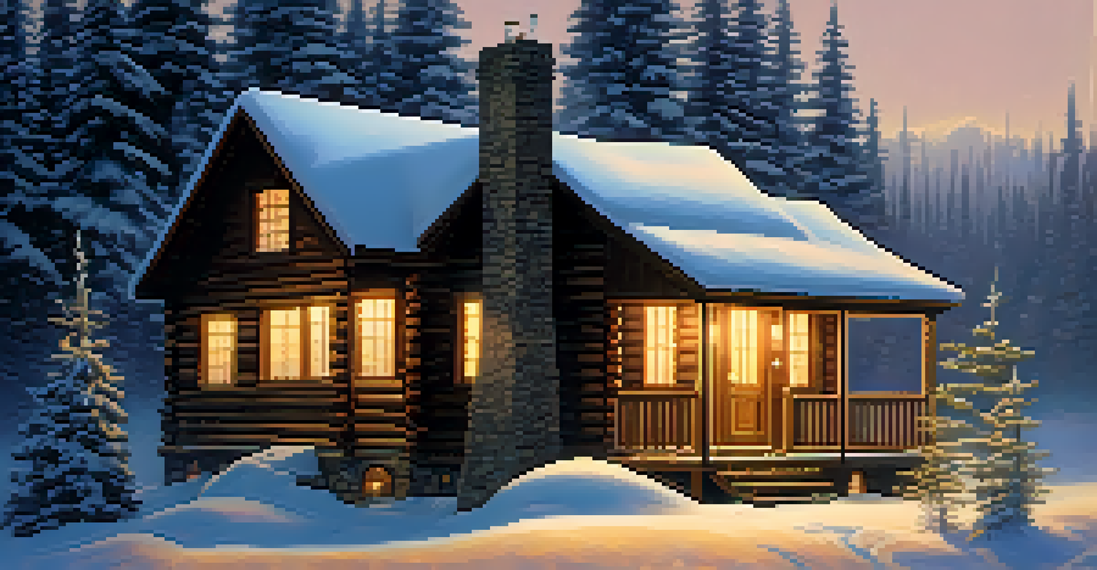 A cozy cabin in a snowy landscape with smoke rising from the chimney and snow-covered pine trees.