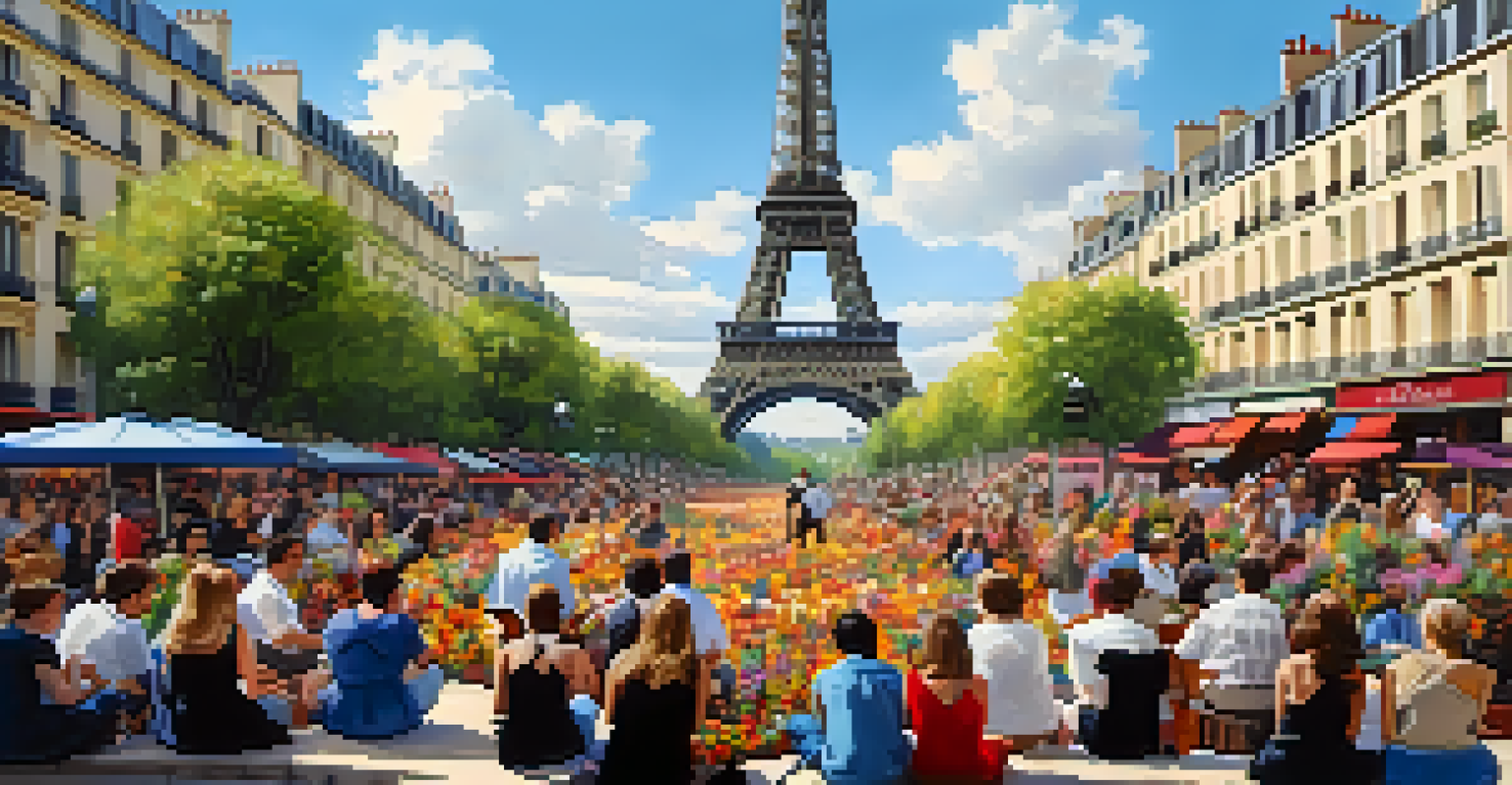 The Ukulele Festival in Paris with musicians performing in front of the Eiffel Tower.