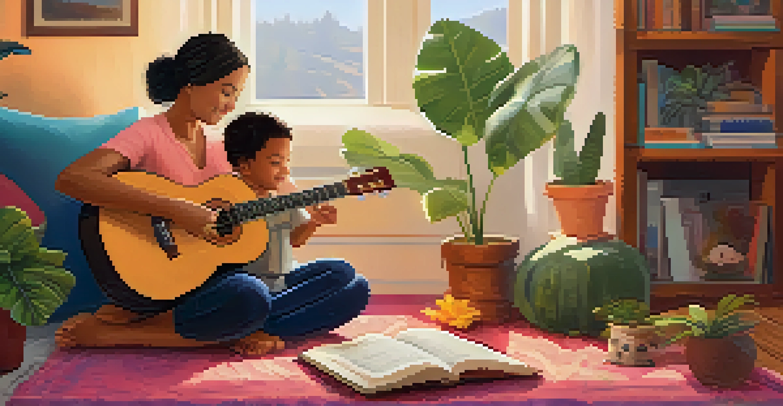 A parent and child sitting on a rug with an open ukulele book, surrounded by plants and musical instruments in a cozy room.