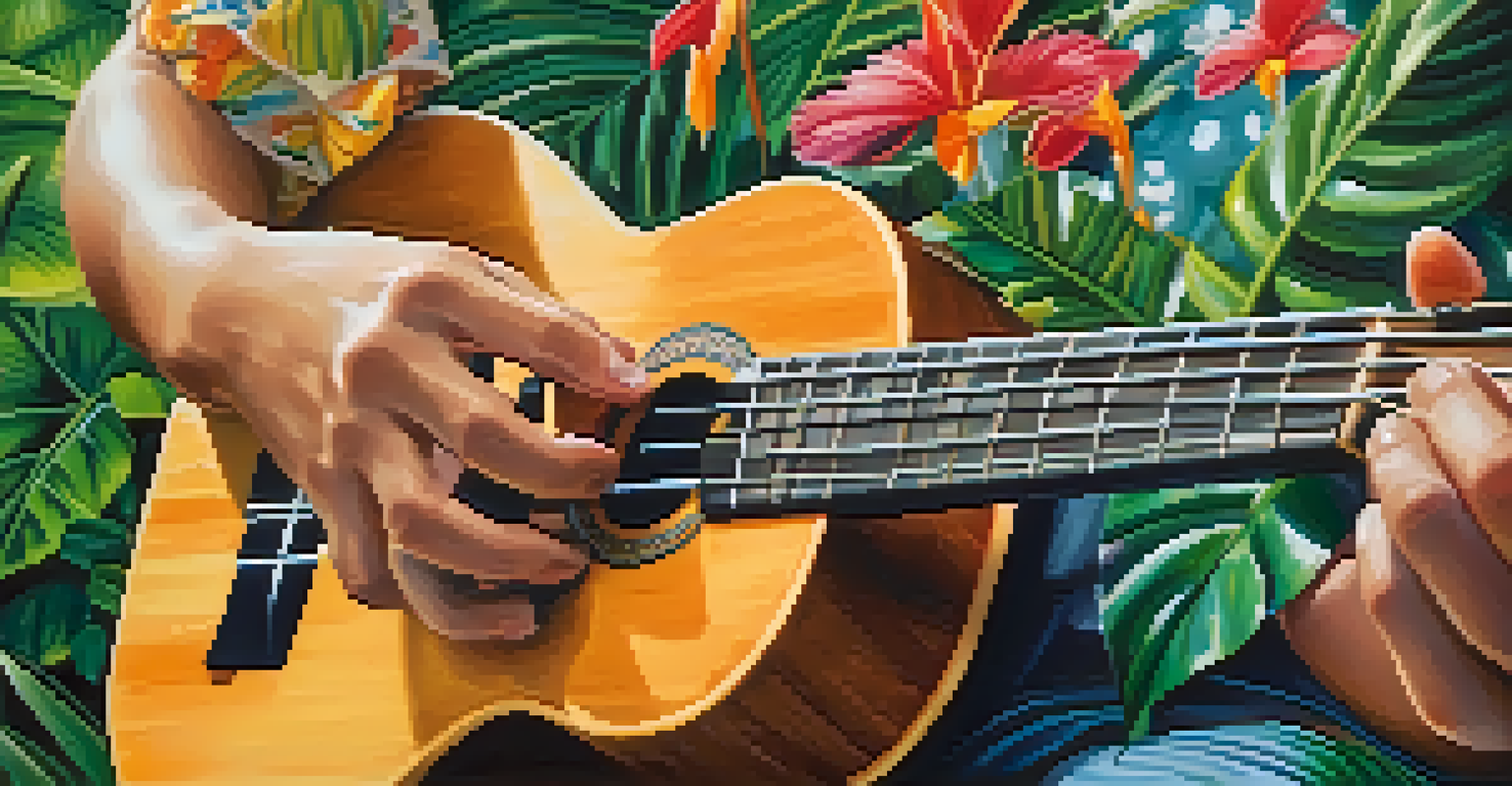 Hands strumming a ukulele with colorful tropical flowers in the background.
