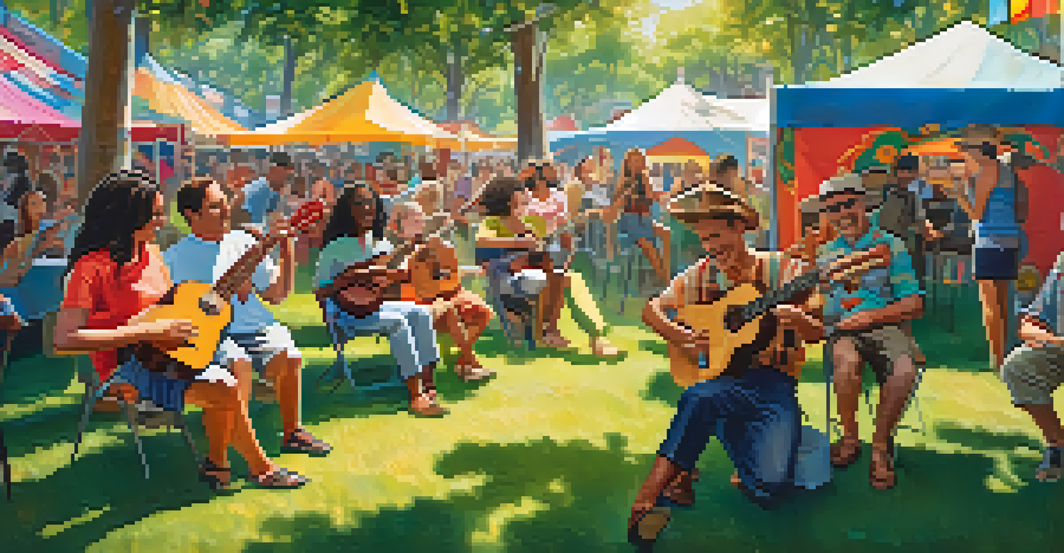 A group of musicians of various backgrounds playing ukuleles at an outdoor festival, surrounded by colorful tents and happy attendees.