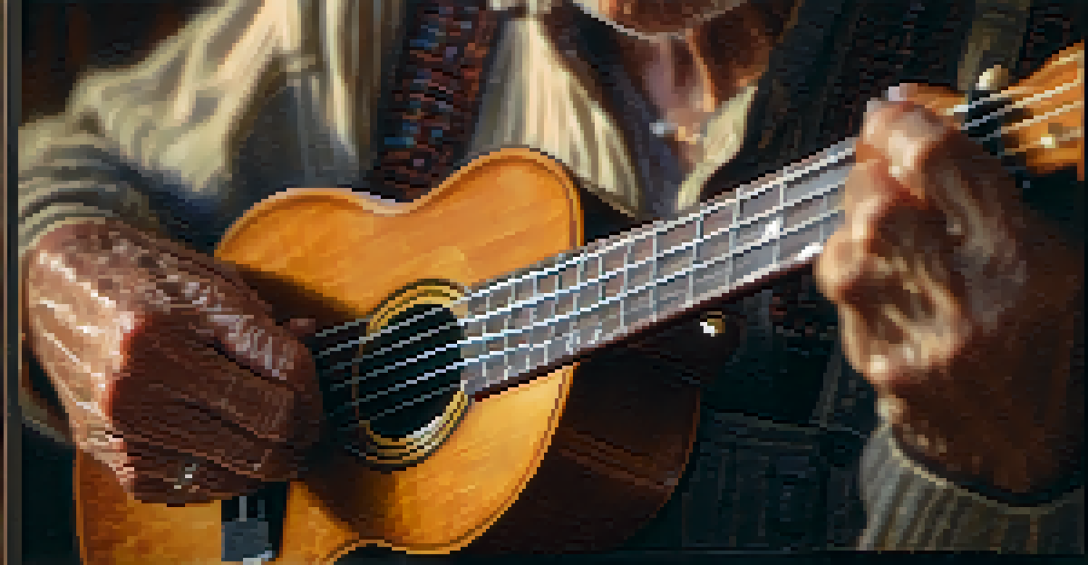 Close-up of a senior's hands strumming a ukulele, emphasizing the texture and warmth of the moment.